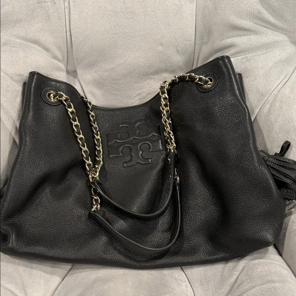 Black Leather Tory Burch Tote Bag with Chain Straps - Picture 1 of 4